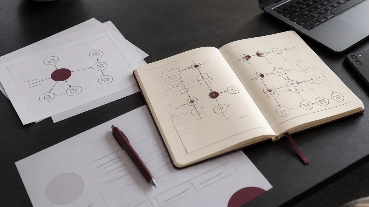 Ilustrasi konseptual buku catatan terbuka dan kertas berisi sketsa diagram alur dengan simpul dan panah di atas meja kerja