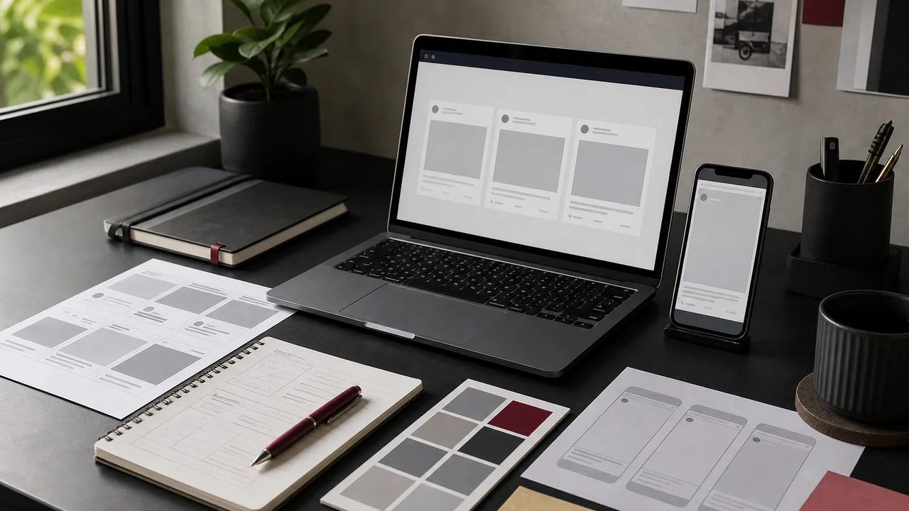 Ilustrasi konseptual laptop dan ponsel dengan kerangka kartu iklan di atas meja kerja